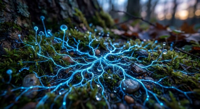 Macro shot of bioluminescent blue mycelium network glowing on a mossy forest floor.