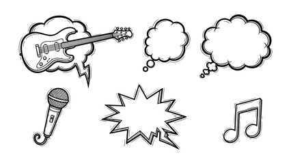 Musical Creativity Illustrated: A collection of musical elements, including a guitar, microphone, and music note, with thought bubbles, create a visual representation of music composition. © azizunnahar