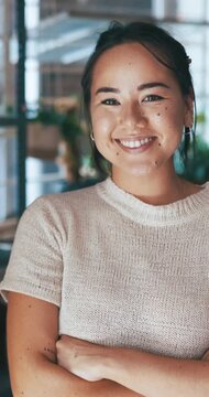 Face, smile and Asian woman in nursery with arms crossed, about us or owner of botanical store. Happy, portrait and shop founder with confidence, florist experience and career in greenhouse business.