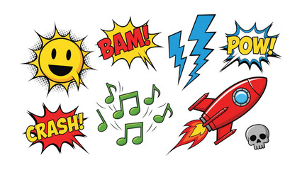 Comic Elements: A vibrant collection of comic book style elements, including expressive sound effects, a grinning sun, and a rocket ship.  © FARHANA