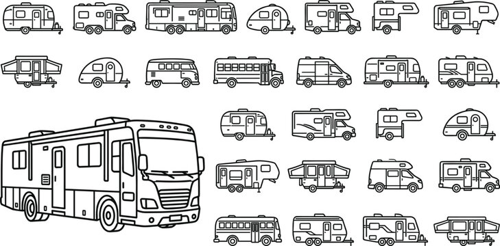 Motorhome and Camper Van Line Icon Set Recreational Vehicle Outline Vector Collection