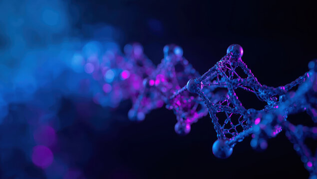 Molecular helix neon blue and purple lighting, abstract high tech structure evoking innovation