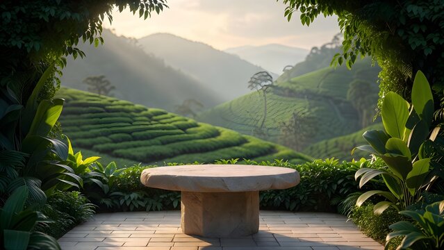 Mock Up On The Stone product podium in the center foreground for advertising with tropical and nature background in the sunrise