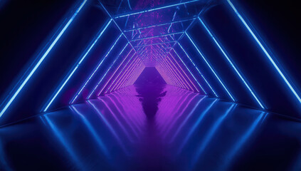 Fototapeta premium Neon tunnel with reflective floor and purple blue cyber lights creating moody futuristic depth
