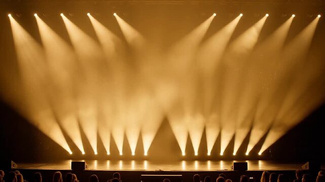 Golden spotlights illuminate an empty concert stage with atmospheric smoke, observed by an anticipating audience.