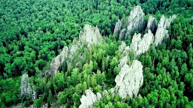 Bird's eye view on mixed green forest and rocks from mountain during summer day. Aerial view of a through deep forest. Bird eye view of a Green Forest road. Drone shot.