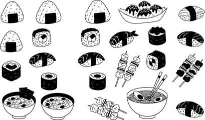 Assorted Japanese Sushi Rolls and Dishes in Black and White Japanese food rice © MdRiaj