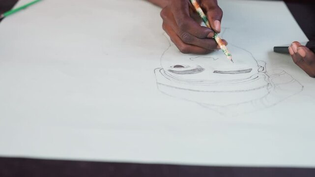 Artist drawing portrait with pencil, closeup of hands and face, precise linework and subtle shading, eraser at side, white paper canvas on table, warm brick backdrop, focused studio practice