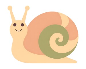 Smiling Cartoon Snail with Green Shell Spiral on White Background