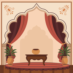 Elegant traditional Indian interior with ornate archway and red curtains © rk_hera