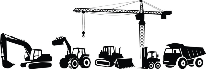 Diverse construction machinery silhouettes including an excavator, bulldozer, loader, forklift, dump truck and tower crane © Mahamudur Creatives