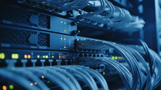 Close-up of a server rack with blinking lights and connected network cables in a data center