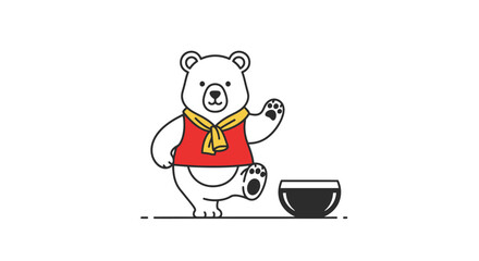 Cute Bear in Red Vest with Yellow Scarf Raising Paw Next to Bowl