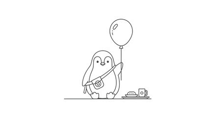 Birthday Party Penguin with Balloon and Cake