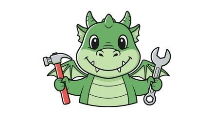 Cartoon Dragon with Hammer and Wrench for Tools and Repairs