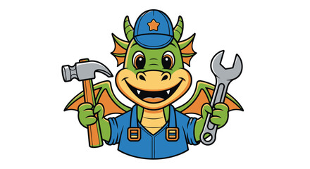 Dragon Mascot in Worker Uniform with Hammer and Wrench