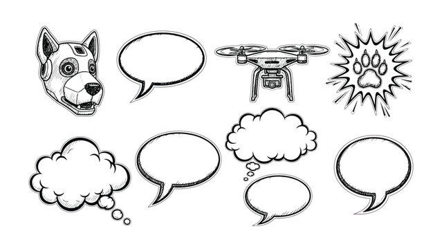 Robotic Dog and Dialogue Bubbles: A creative composition showcasing a robotic dog alongside diverse dialogue bubbles and a drone symbol, perfect for conveying messages and ideas.