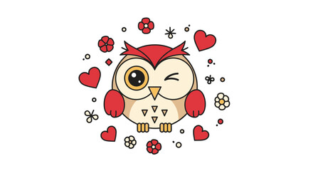 Cute Red Owl Surrounded by Hearts and Flowers for Valentine Theme