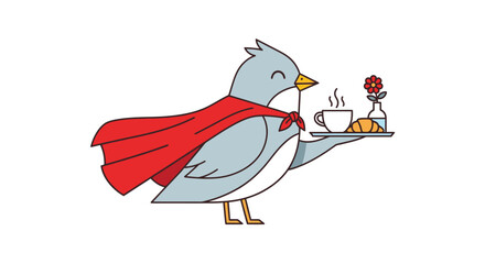 Friendly bird with red cape carrying breakfast tray