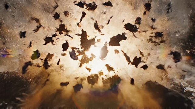 Intense bright light bursts, triggering a powerful explosion followed by settling dust and smoky debris.
