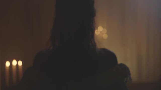 Silhouette happy woman princess walking in dark ball room waving white lace ball gown long hair victorian old style. Sexy girl beauty aristocrat gothic mystery noble lady looks back. black night home