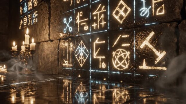 Shadowy occult chamber with candlelit altars and glowing runic inscriptions on mossy stone walls