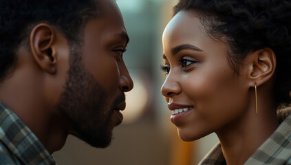 Fototapeta premium Smiling couple facing each other in intimate close up portrait conveying warmth and connection