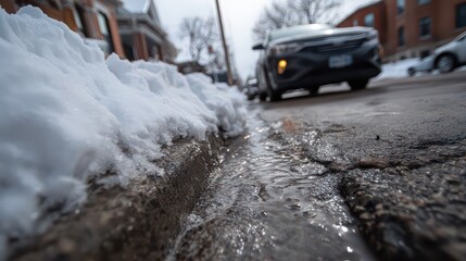 Close Up of Melting Snow on a Street Corner with Black Car on Residential Street on Overcast Winter Day