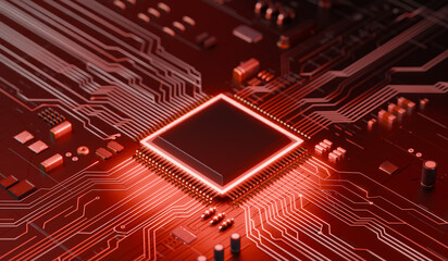 Red Circuit Board: A detailed view of a cutting-edge red circuit board, with intricate pathways and a central processor, symbolizing the future of technology and innovation.