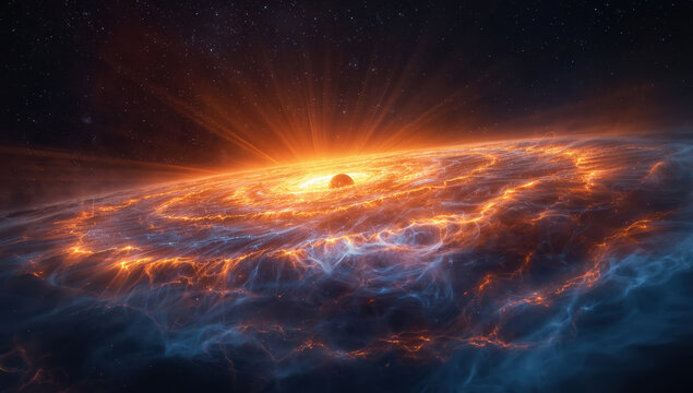 Molten protoplanet surrounded by glowing accretion disk and cosmic gas clouds, dramatic lighting