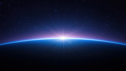Sunrise over planet horizon with glowing atmosphere and starfield