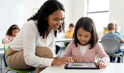 Obraz premium Female teacher helping young girl using digital tablet in classroom