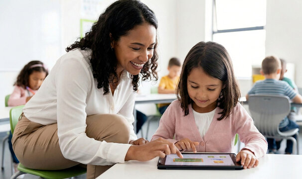 Female teacher helping young girl using digital tablet in classroom