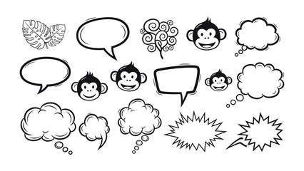 Comic monkey thoughts bubble set: This whimsical scene is of cartoon thought bubbles and monkey faces with a variety of shapes for comic speech expression.  © azizunnahar