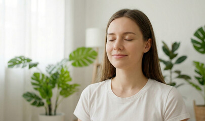 Fototapeta premium Peaceful young woman meditating with eyes closed in bright room with plants.