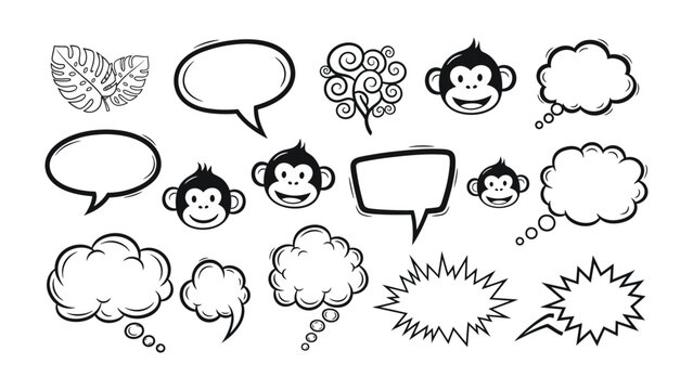 Comic monkey thoughts bubble set: This whimsical scene is of cartoon thought bubbles and monkey faces with a variety of shapes for comic speech expression. 