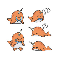Crying narwhal with thought bubbles expressing sadness and confusion in a cartoon style ©  Mamun Stock