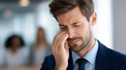Overwhelmed professional man pinching bridge of nose, surrounded by shouting colleagues, illustrating workplace stress burnout and toxic corporate environment, faceless stressed worker,