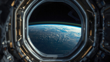 Fototapeta premium Spacecraft window view of Earth curvature with atmosphere glow and cloud detail