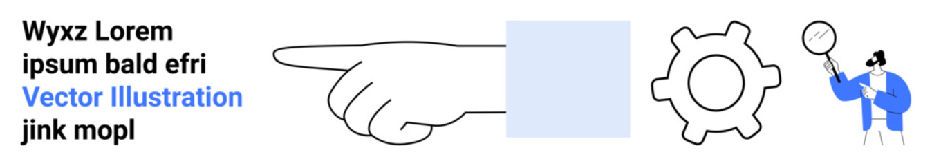 Business strategy, teamwork, analysis, problem-solving, efficiency, research. Hand pointing, gear person using magnifying glass. Business strategy and teamwork for effective problem-solving