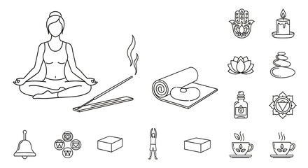 Woman meditating with various yoga and wellness items illustration