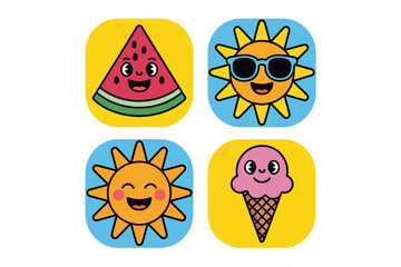 A colorful illustration of summer icons including ice cream and watermelon