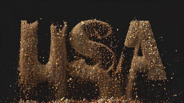 USA text made of stones falling apart on black background, concept of decay and disintegration 4K Video