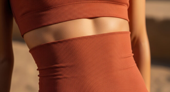 Woman's toned midriff and waist are highlighted wearing tight terracotta athletic wear outdoors in bright sunlight.