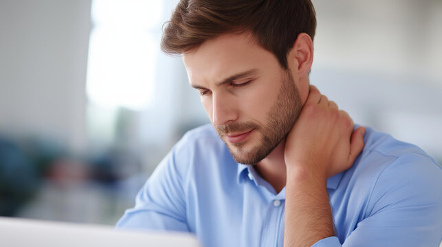 Neck pain relief tips for office workers, how to prevent neck pain at workstation desk, ergonomic health guidance, workplace wellness advice, posture correction tips, defocused background, with