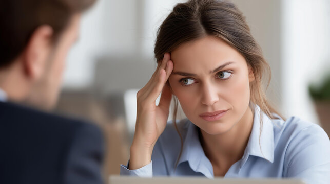 Businesswoman looking stressed as angry boss confronts her about work at office desk, intense emotion capturing workplace tension and stress, faceless confrontation scene, defocused background,
