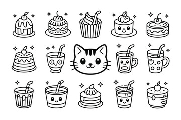 A cute cat surrounded by various desserts and drinks in cartoon illustration