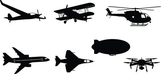 Black aircraft silhouette set featuring commercial jet biplane helicopter drone blimp and fighter plane for aviation history transport logistics and aerospace industry design © MstMerezan