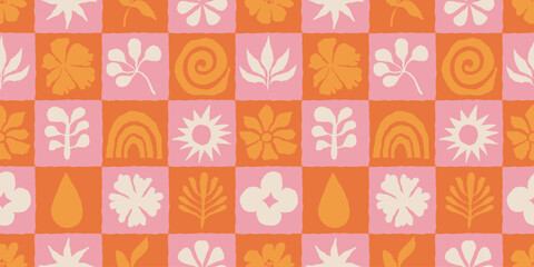 Vector hand drawn seamless pattern graphics with silhouette summer and vacation illustrations, print design template, tropical illustrations, frames and borders in simple trendy naive cut out style