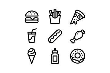 A set of food icons in black line style illustration